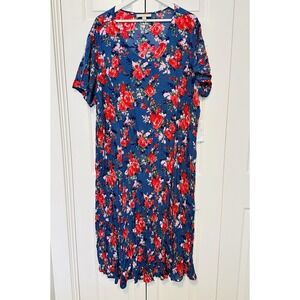 NWT Woman‎ Within Sz 1X Blue Red Floral Dress Short Sleeve Crinkle Flowy EE30